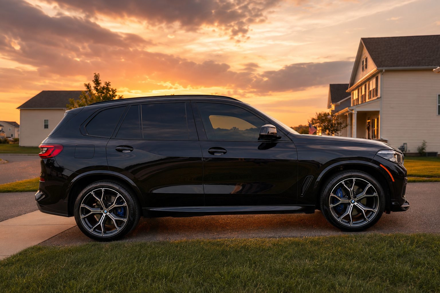 Glossy black BMW detailed to a mirror finish at sunset