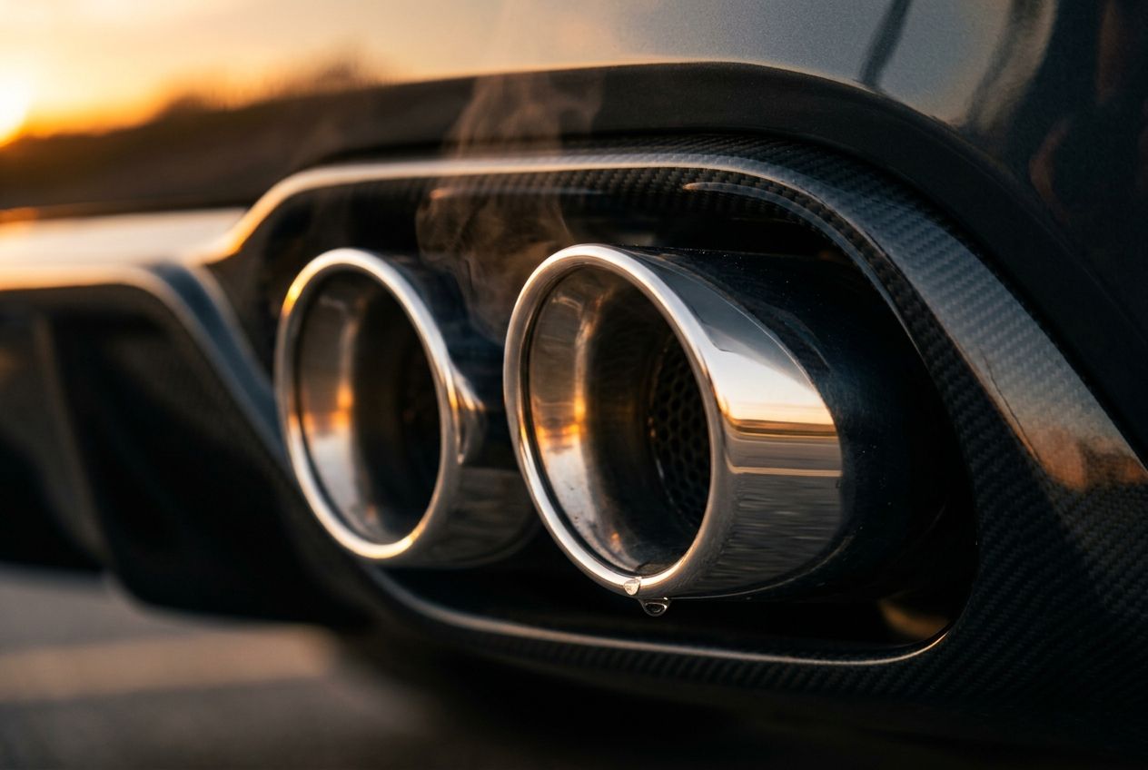 Polished chrome dual exhaust tips on a dark luxury car