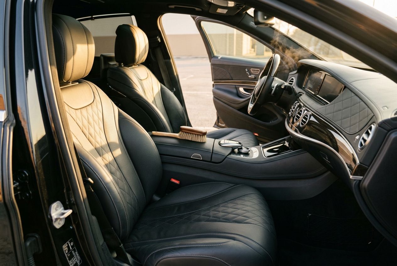 Freshly detailed leather car interior with a detailing brush