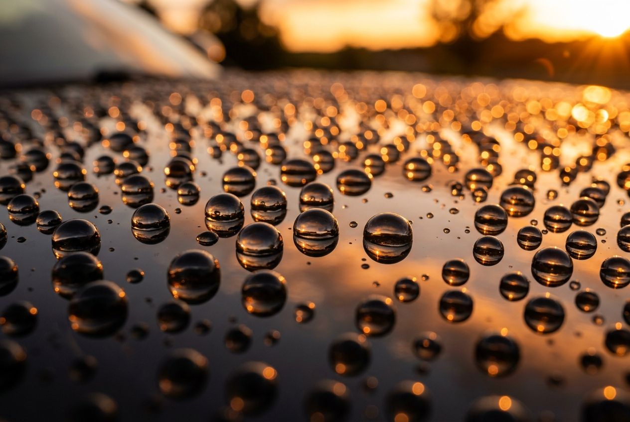 Water beading on a freshly waxed glossy black hood at golden hour