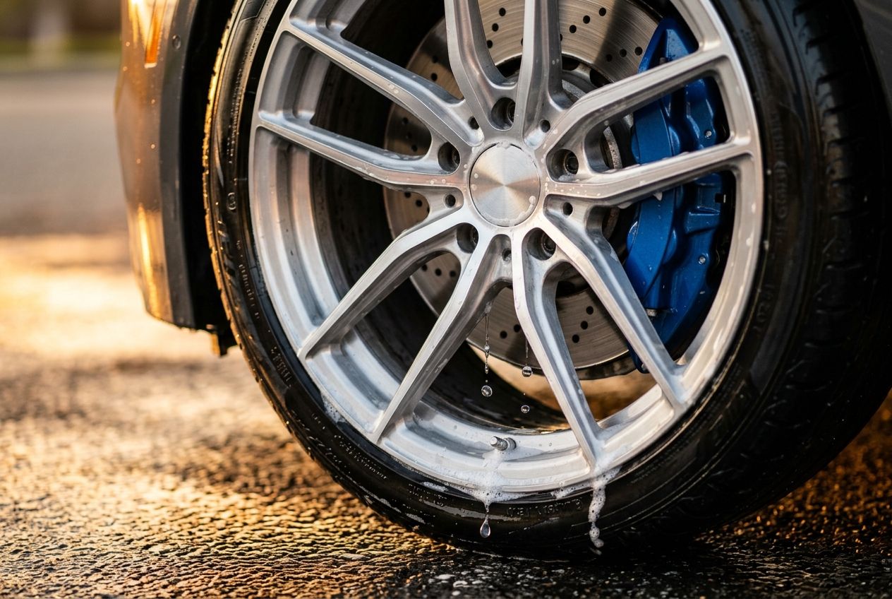 Machined alloy wheel with blue caliper and glossy tire, foam suds