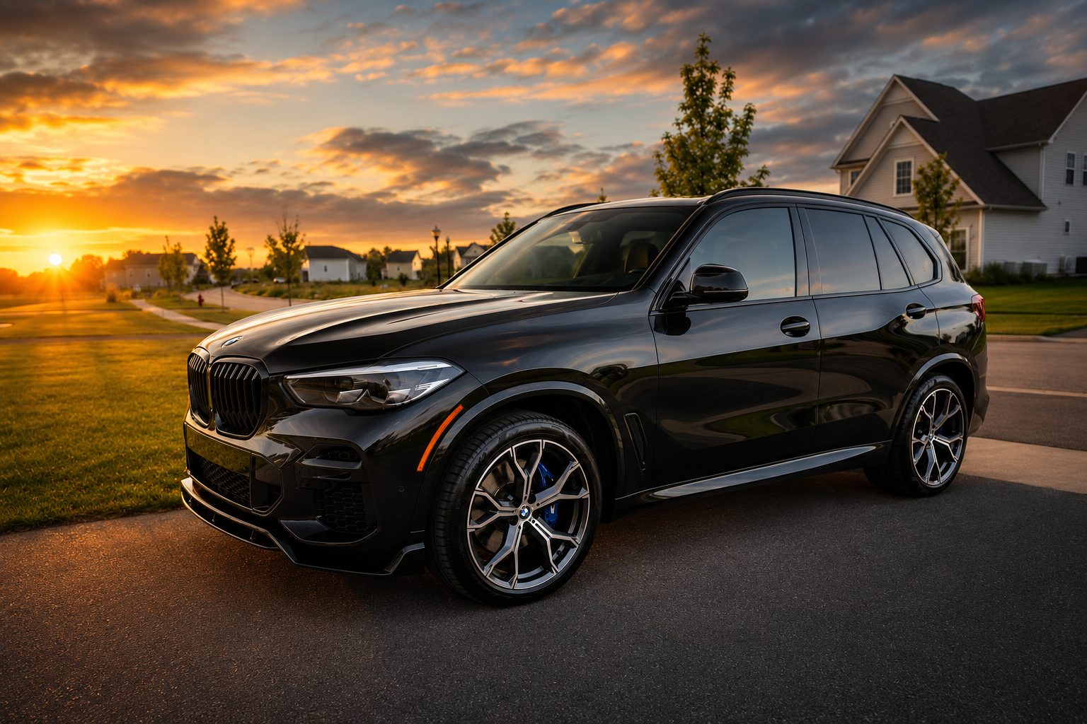 A glossy black BMW SUV detailed to a mirror finish at golden hour in a Fox Valley neighborhood